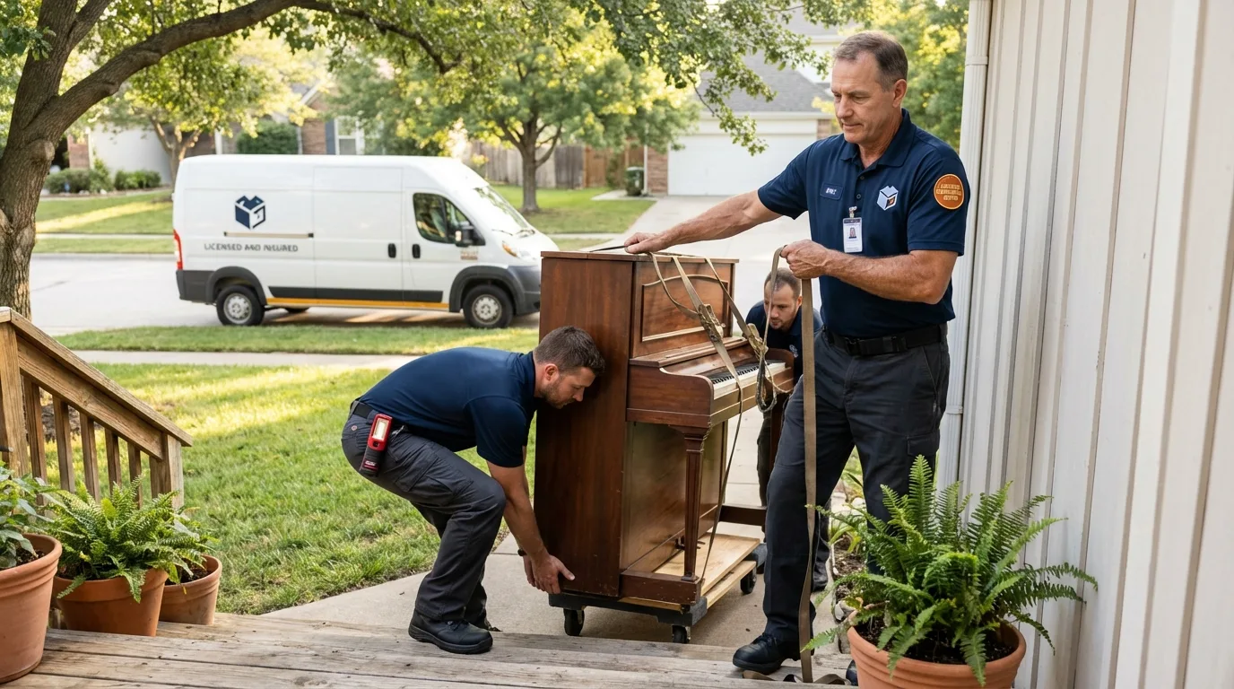 Licensed piano movers securing grand piano in Penrose, CO