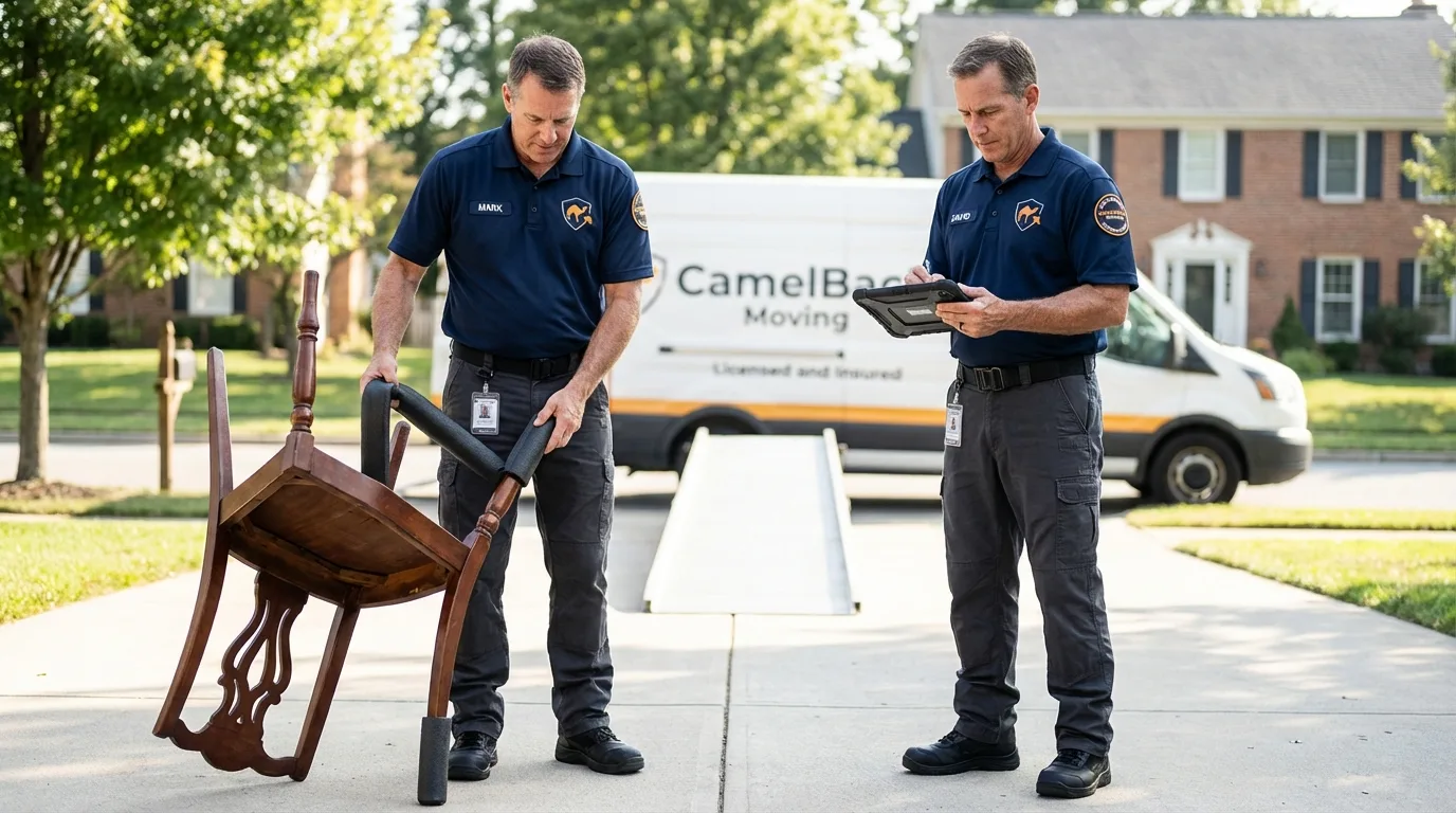 Movers inspecting furniture for damage prevention before loading in Penrose, CO