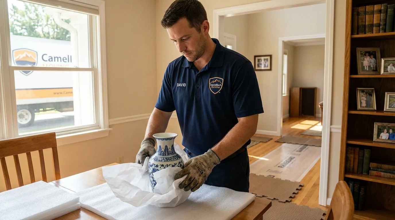 Professional crew carefully wrapping antique vase for senior downsizing move in Penrose, CO